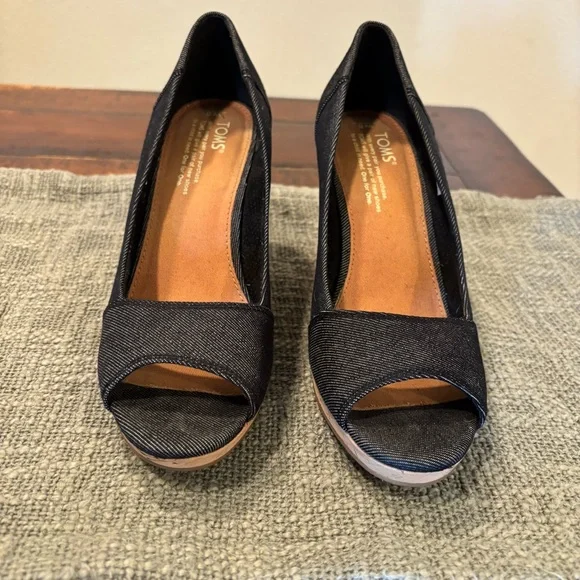 Toms Black Denim Stella Peep-Toe Cork Wedge Heels - Picture 1 of 13